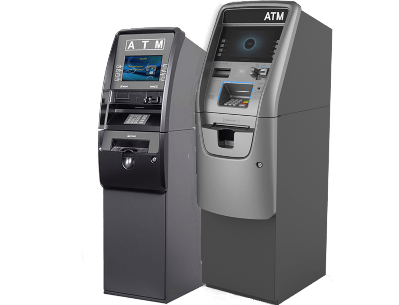 Two ATMs are displayed side by side, showcasing different models for cash withdrawal and banking services.